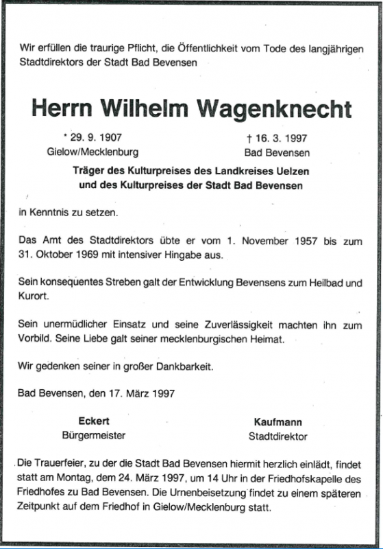 Wilhelm Wagenknecht Sterbeanzeige